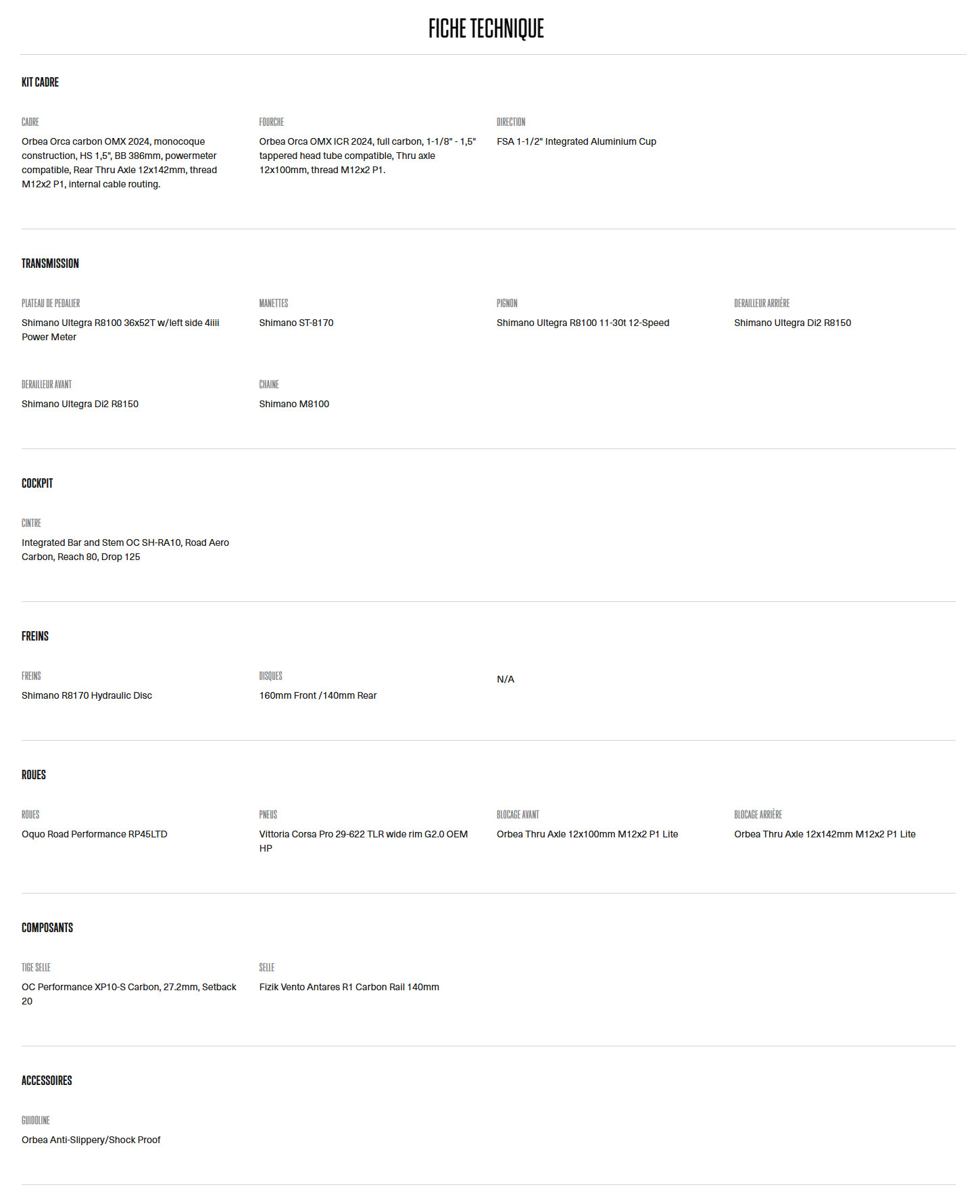Caractéristique technique du vélo Orca M20ILTD PWR année 2025